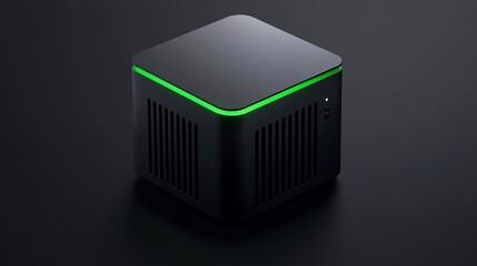 Modern black cube device with glowing green accents on dark background