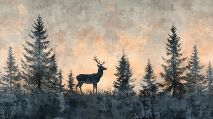 Obraz premium A calming wallpaper design featuring a deer and forest silhouettes illuminated by a fading sunset.