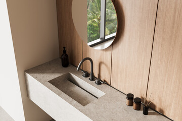 Modern bathroom vanity with wood paneling and stylish fixtures. 3D Rendering