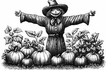 Fototapeta premium Scarecrow in Pumpkin Patch Illustration