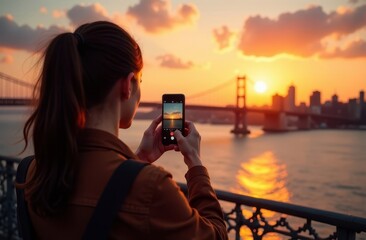 A girl takes pictures of the bridge on her phone at sunset. Lifestyle