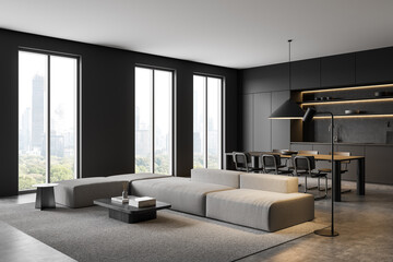 Modern kitchen and living room interior with sleek furniture and large windows. 3D Rendering