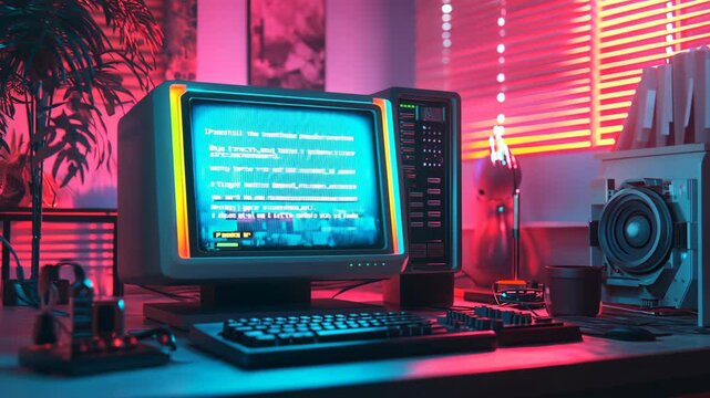 3D render of a retro computer with a glowing screen displaying a game, neon lights, and a cyberpunk aesthetic.