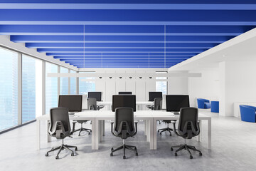 Modern open-plan office interior with blue ceiling beams and workstations. 3D Rendering
