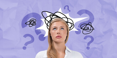 Woman looking up with scribbles and question marks on a textured