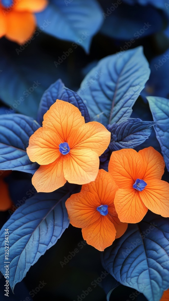 Canvas Prints Orange flowers blooming among blue leaves in a vibrant garden setting during springtime