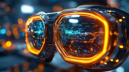 Close up view of advanced futuristic virtual reality glasses featuring holographic layers neon lighting accents and a sleek high tech design for an immersive digital experience
