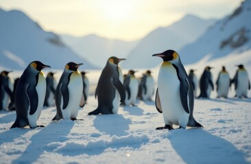 Penguins in the snow . 
 Wild birds
