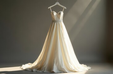 A white wedding dress on a gray background. Choosing a dress. Wedding dress trends advertising