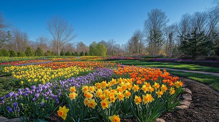 Fototapeta premium Radiant tapestry of tulips and daffodils blooms in a garden paradise under a clear azure sky