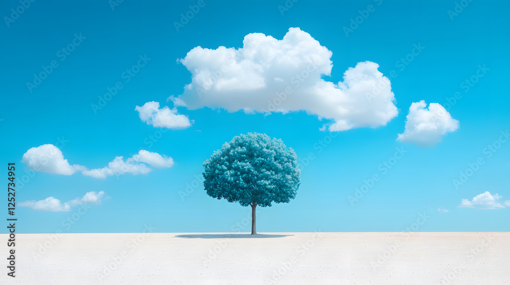 Poster a solitary tree stands against a clear blue sky, surrounded by soft clouds, creating a serene and tr