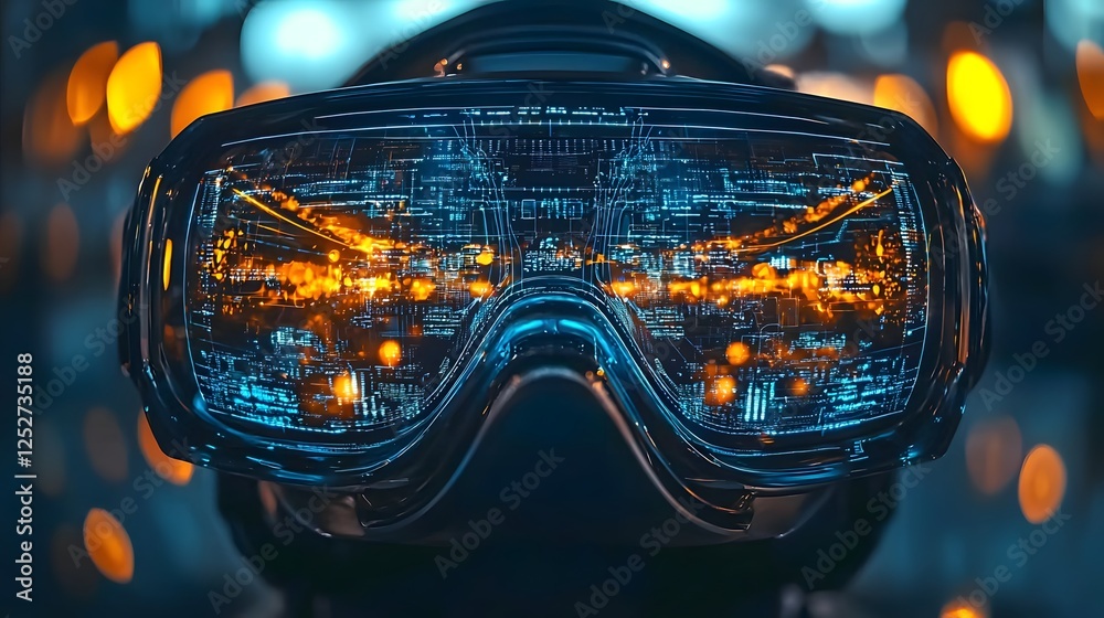 Poster close up view of a futuristic virtual reality headset with dynamic holographic elements showcasing a