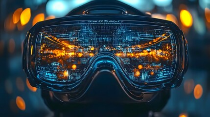 Close up view of a futuristic virtual reality headset with dynamic holographic elements showcasing advanced digital technology sci fi interface and an immersive luminous display