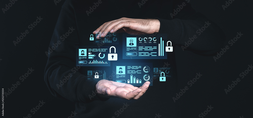Poster hands hovering over holographic digital icons of locks and user data on a dark background, symbolizi