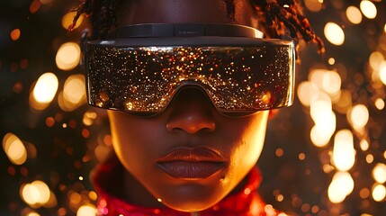 Immersive closeup shot of a person wearing futuristic VR headset glasses interacting with stunning digital technology effects featuring glowing lights sparkles and a bokeh background