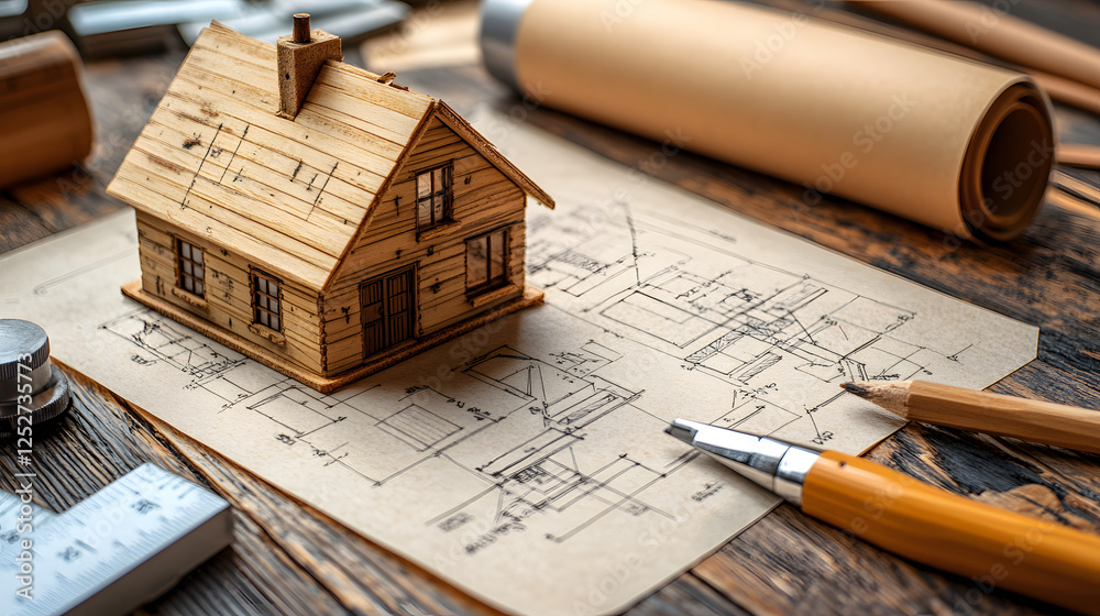 Poster a wooden house model sits on architectural blueprints with drafting tools and rolls of paper, symbol