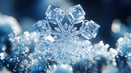 A detailed ice crystal snowflake glistens in a frosty blue background, showcasing intricate patterns and textures