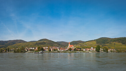 Fototapeta premium Weissenkirchen in the Wachau, Austria. Vineyards, and Historic Architecture in a Heritage Landscape
