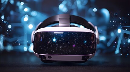 Close up view of a virtual reality headset surrounded by digital elements projections and futuristic technology creating an immersive and innovative technological experience
