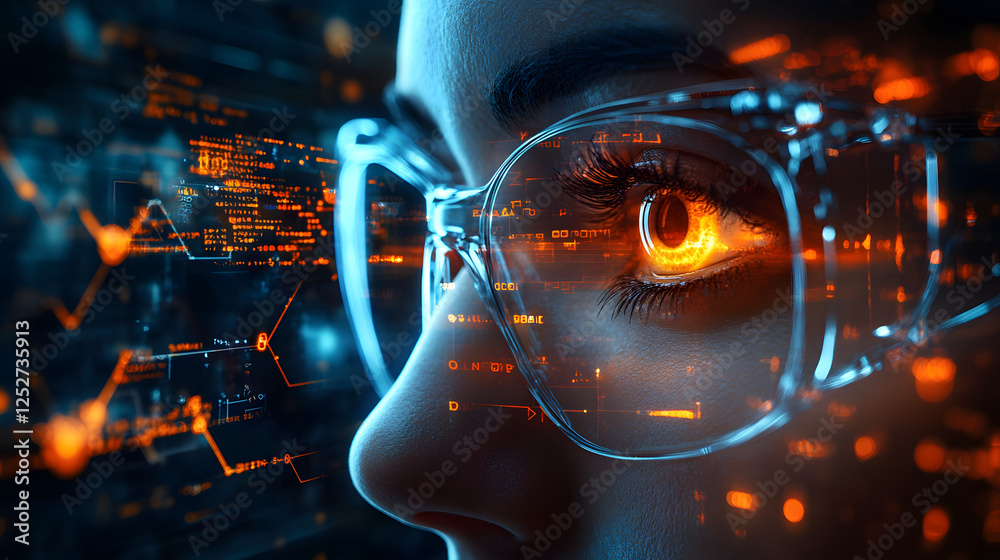 Poster a close-up of a person's eye wearing glasses, surrounded by a futuristic digital interface, showcasi