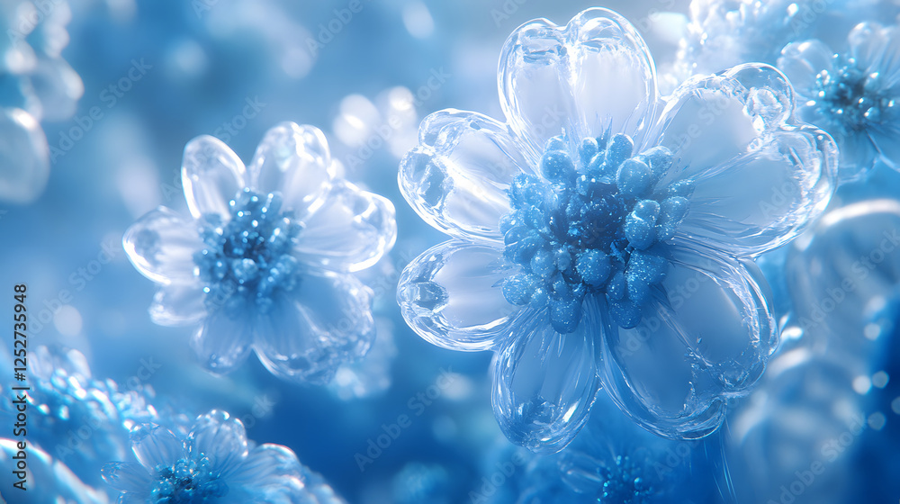 Poster a close-up view of delicate, translucent blue flowers, creating a serene and dreamy atmosphere with 
