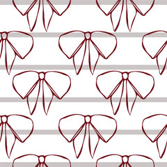 Cotton fabric Hand drawn seamless pattern with elegant bows in red on striped background. Minimalist linear style. Perfect for textiles, wallpapers, gift wrapping, stationery, fashion prints, branding, packaging