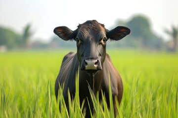 Black cow standing in a lush green rice field with mountains in the background under clear blue sky