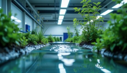 A pool with a view of mountains and trees. The water is calm and clear. The plants surrounding the pool add a natural touch to the scene