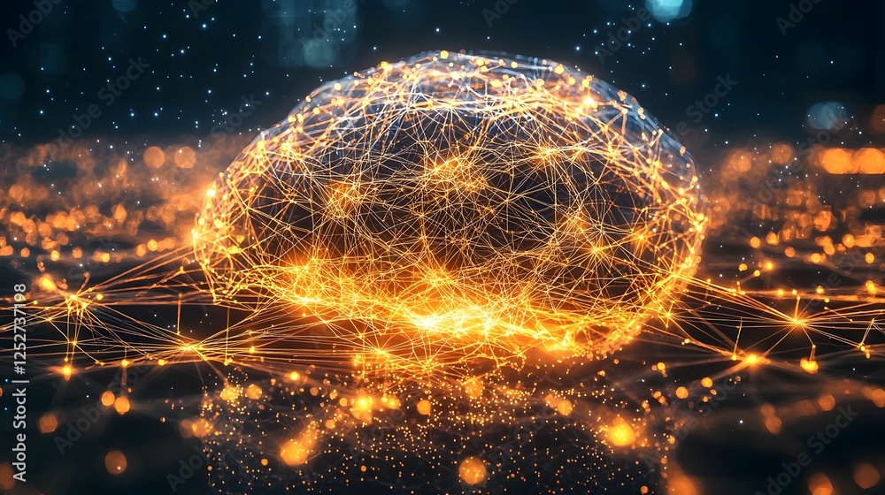 Poster futuristic engineering blueprint with intricate glowing lines and neural network graphics representi