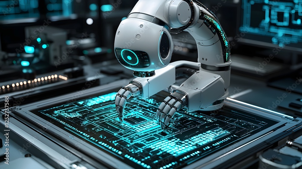 Poster engineering concept with robotic tools designing advanced machinery in real time futuristic industri