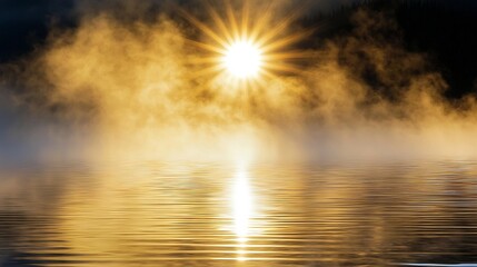 Naklejka premium Golden sunburst over misty water creates a serene and luminous natural scene with reflective ripples