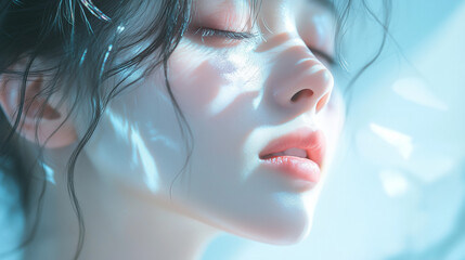 Close-up of a serene young woman’s face with soft skin, glossy lips, and natural beauty illuminated by gentle light, showcasing skincare and cosmetic glow.