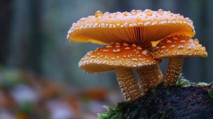 Mushrooms growing in damp forest floor with rain droplets on their gills.