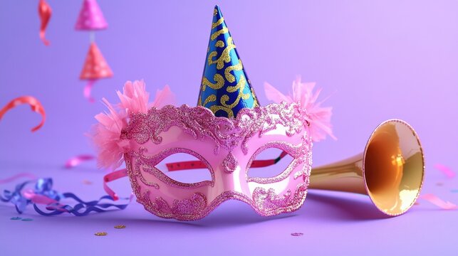 Pair of shiny party masks, gold and black, pink and white confetti in the background, celebration accessories for Mardi Gras or masquerade events. Decorative items for themed parties.