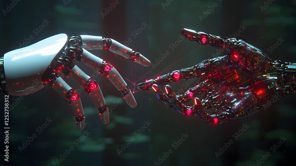 Poster glowing data streams connecting robotic hands and intricate mechanical devices showcasing the of tec