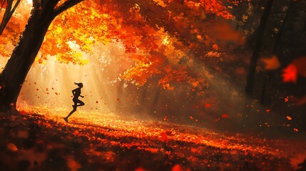 Autumn Runner Silhouette: A Serene Jog Through Vibrant Fall Foliage