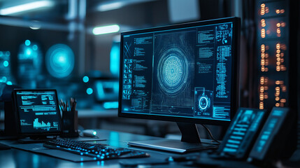 create a realistic photograph of ok a futuristic workspace featuring a computer displaying AI algorithms, modern tech, and cool ambient lighting