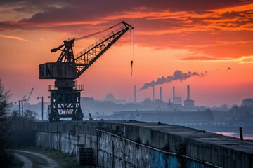 Obraz premium Silhouette of Weathered Crane Against Sunset, Urban Exploration Photography