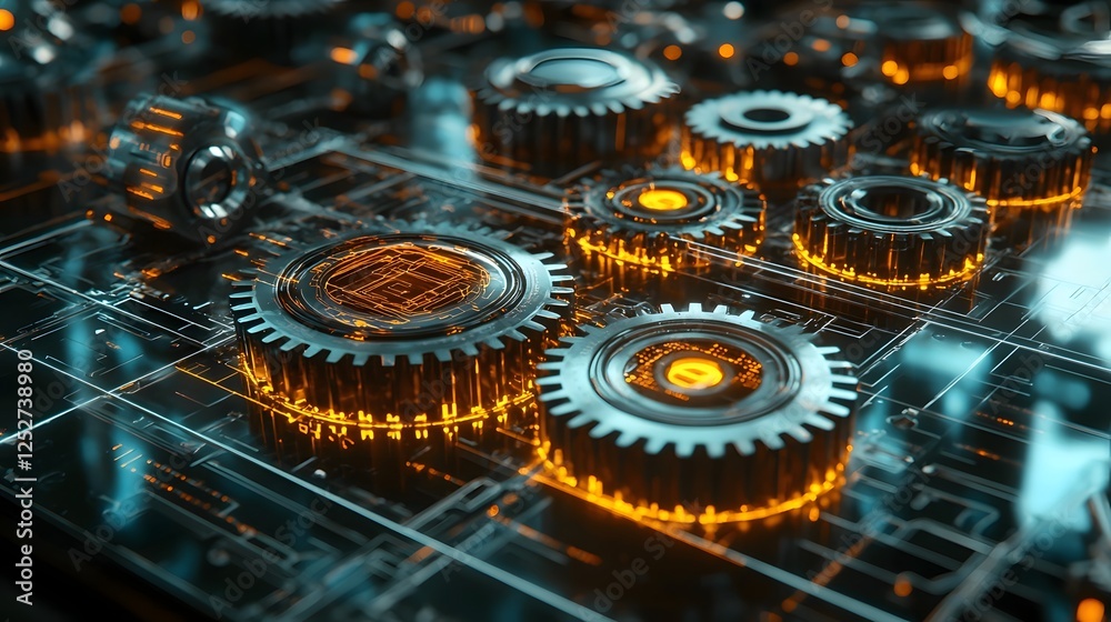 Poster glowing mechanical gears and cogs powered by advanced intelligence systems in a dynamic holographic 
