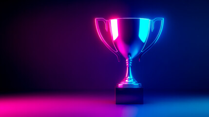 Featuring a glowing neon light against a dark gradient background, a simple trophy cup