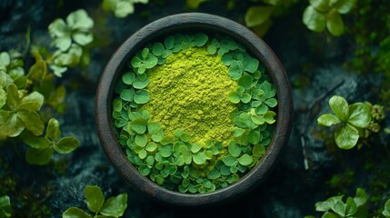 A bowl filled with vibrant green powder surrounded by small leaves, suggesting natural ingredients.