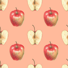 Seamless watercolor pattern with whole and halved apples on a soft peach background. Hand-painted botanical design, perfect for fabric, packaging, wallpapers, and creative projects.