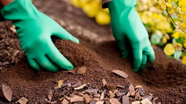Gardener is Applying Mulch in a Beautifully Designed Landscape for Plant Care and Growth. Person in Gloves is carefully placing wood mulch around the colorful plants in a autumnal garden. Autumn work