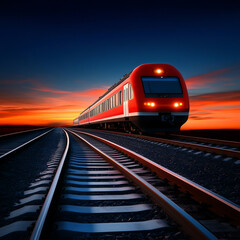 Naklejka premium A vibrant sunset captures a modern train traveling along a straight railway.