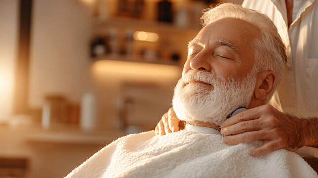 Relaxing barbershop experience skilled barber classic shave senior man cozy self care grooming routine sharp razor reiki spa salon warm soul salon spa zen glow detox tool chair client clinic beauty