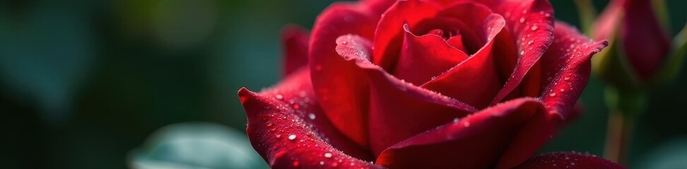 Deep red rose, glistening dew drops Close-up , leaf, still life