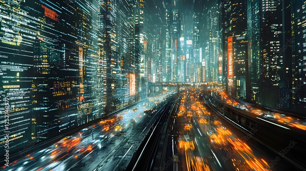 Poster futuristic digital metropolis with fragmented grids and chaotic data streams in a dystopian setting 