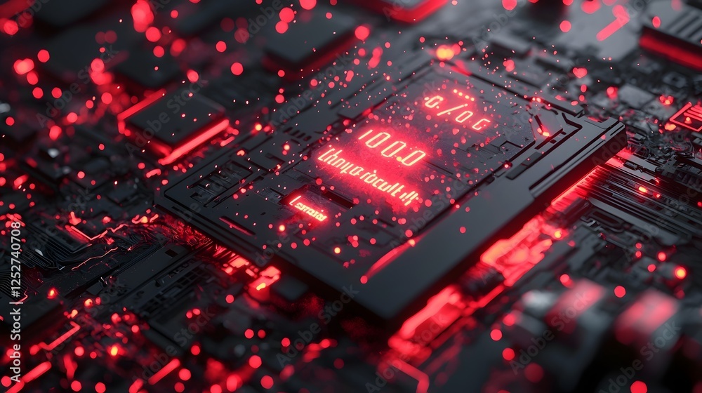 Poster broken futuristic technology with glowing error messages and electrical sparks in a dark moody setti