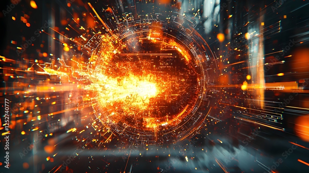 Poster holographic interface glitching and displaying intense system failure warnings with fiery explosion 