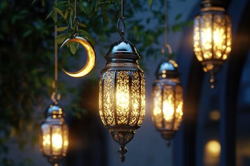 Obraz premium A collection of illuminated Moroccan lanterns, showcasing intricate designs and Arabic calligraphy. They are hung in a row to create an ambient nighttime display.